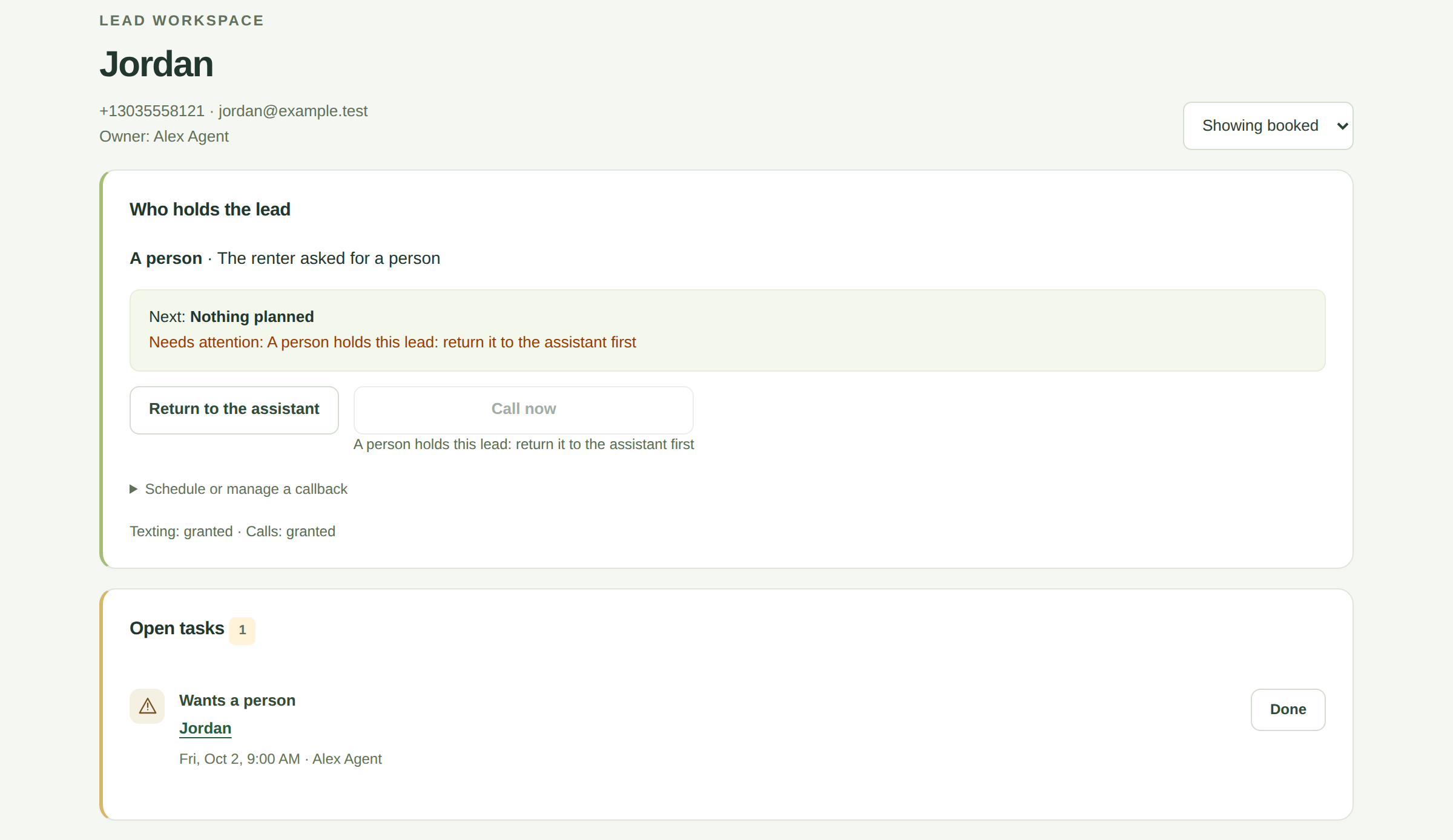 An actual lead workspace shows a request for a person, paused assistant outreach, takeover controls, and an open team task