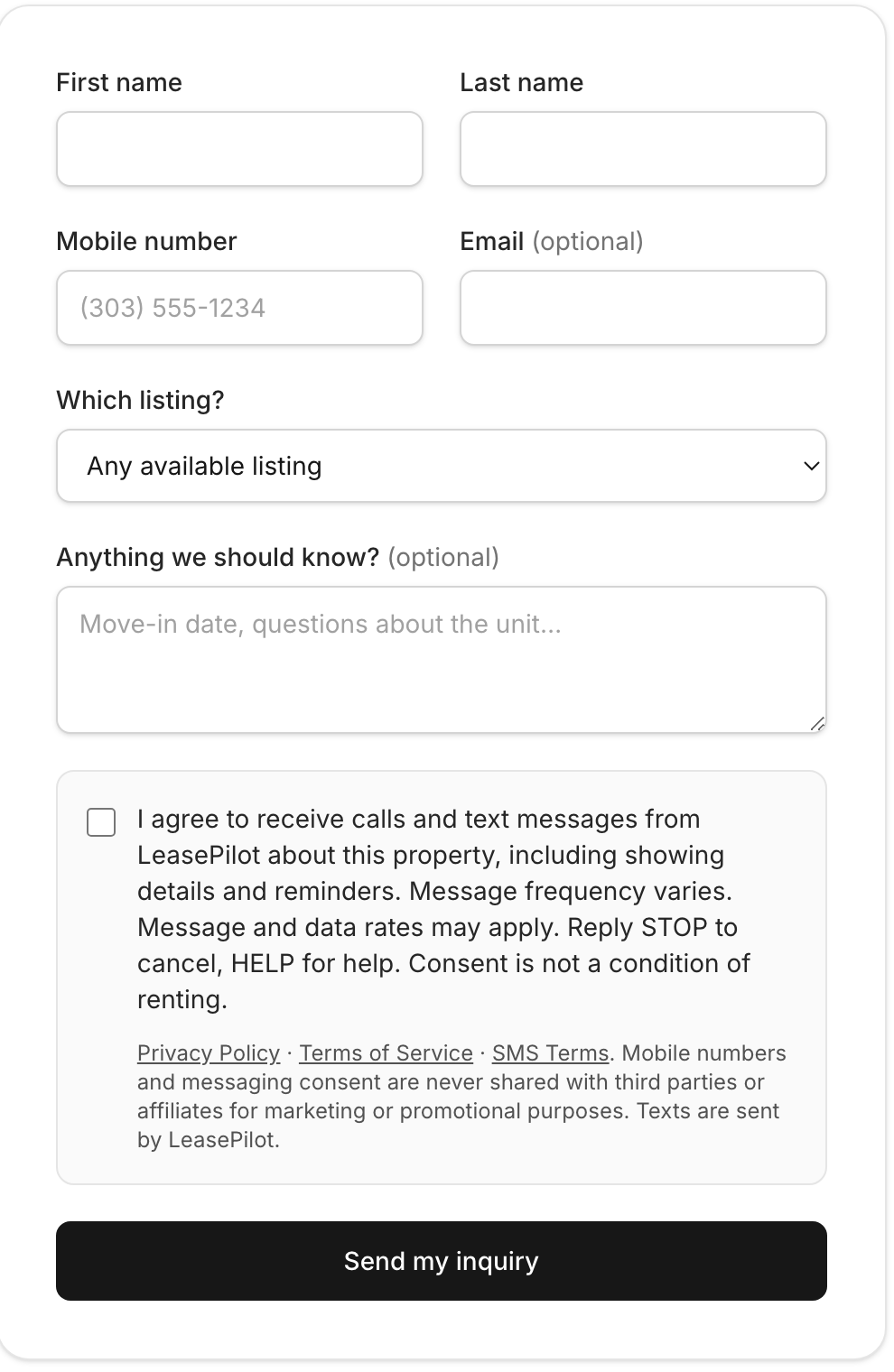 The consent checkbox on the LeasePilot inquiry form, unchecked, with the consent statement and links to the Privacy Policy, Terms of Service and SMS Terms